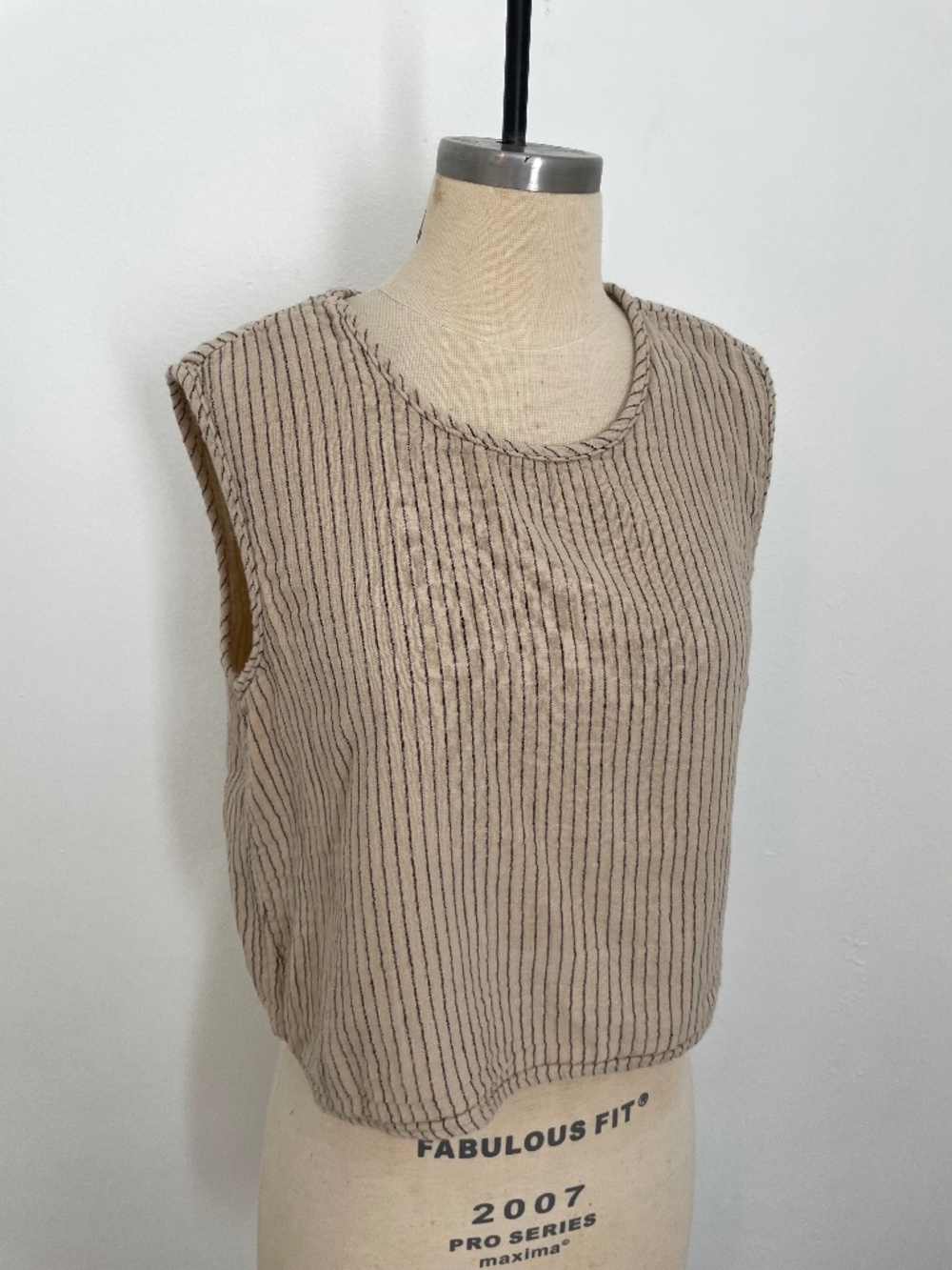 Curator SF Beige Stripe Crop Sleeveless Tank Top 100% Cotton Bohemian, SZ Medium